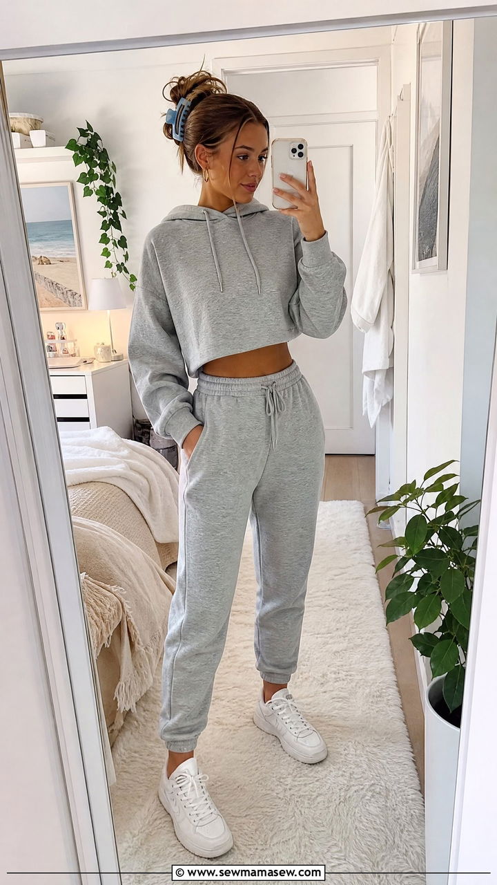 Gray Marl Cropped Hoodie and High Waist Jogger Set With Dad Sneakers - 25 Gray loungewear set outfit ideas
