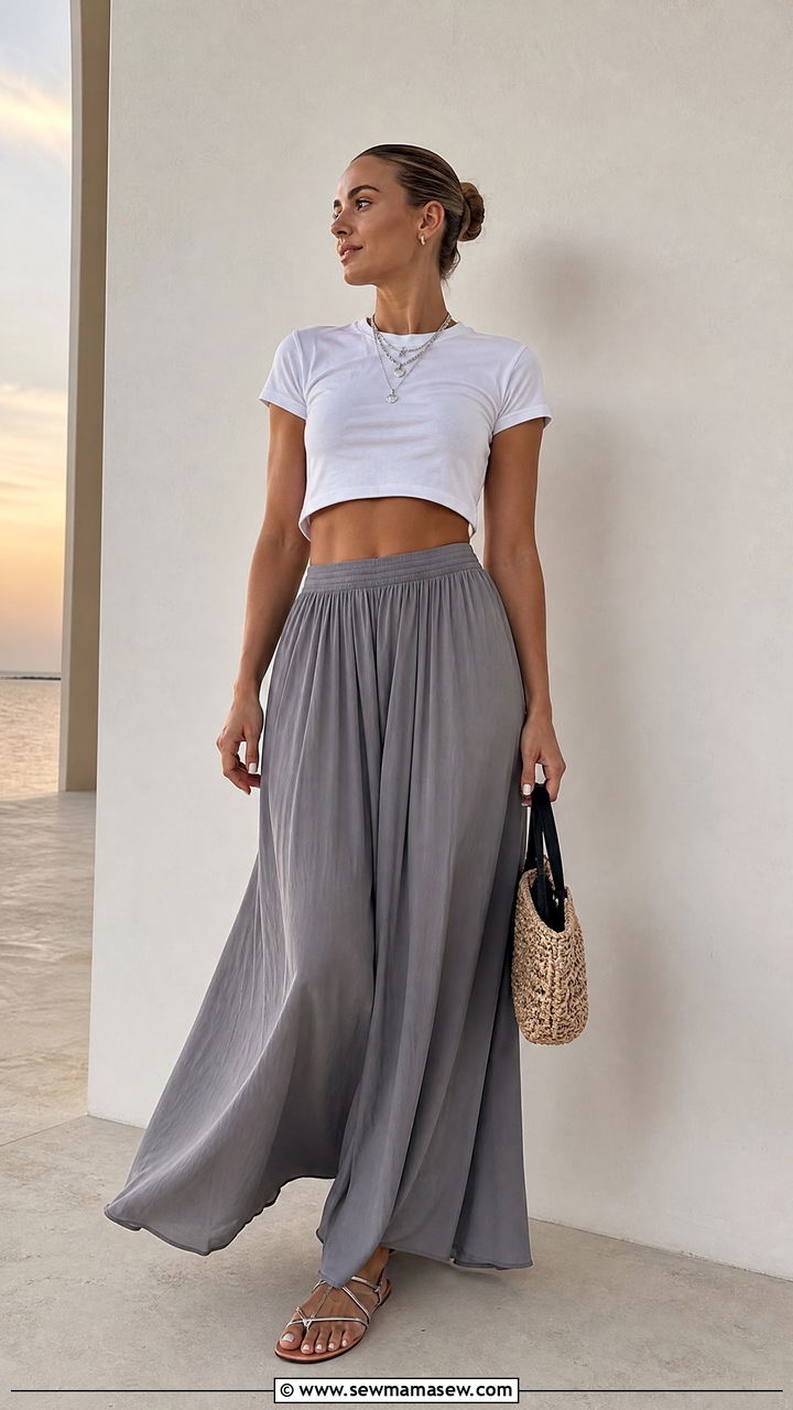 Gray Maxi Skirt With a Cropped Tee - 30 summer gray outfit ideas