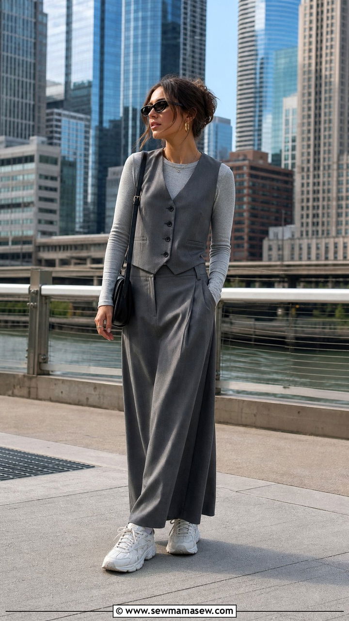 Gray Maxi Skirt with Layered Vest and Chunky Sneakers - 25 cute modest classy outfits