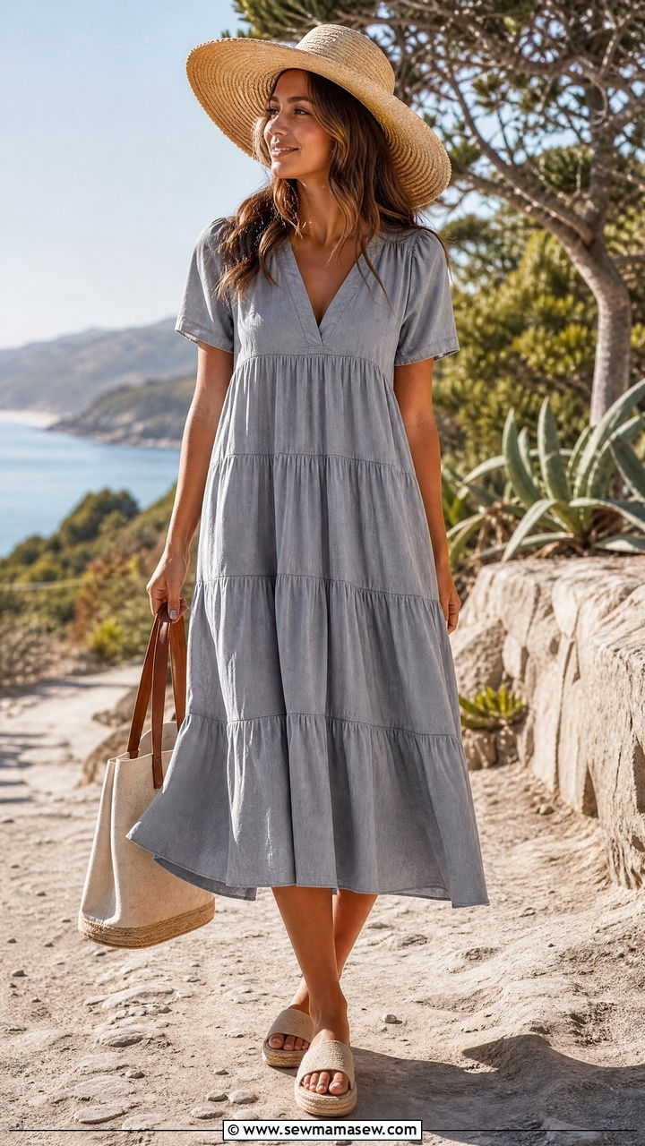 Gray Midi Dress With a Straw Hat - 30 summer gray outfit ideas