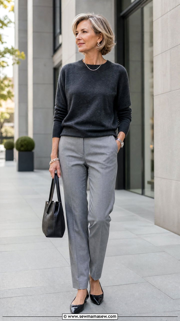 Gray Monochrome with Silver Jewelry - 35 Minimalist outfit ideas for women over 40