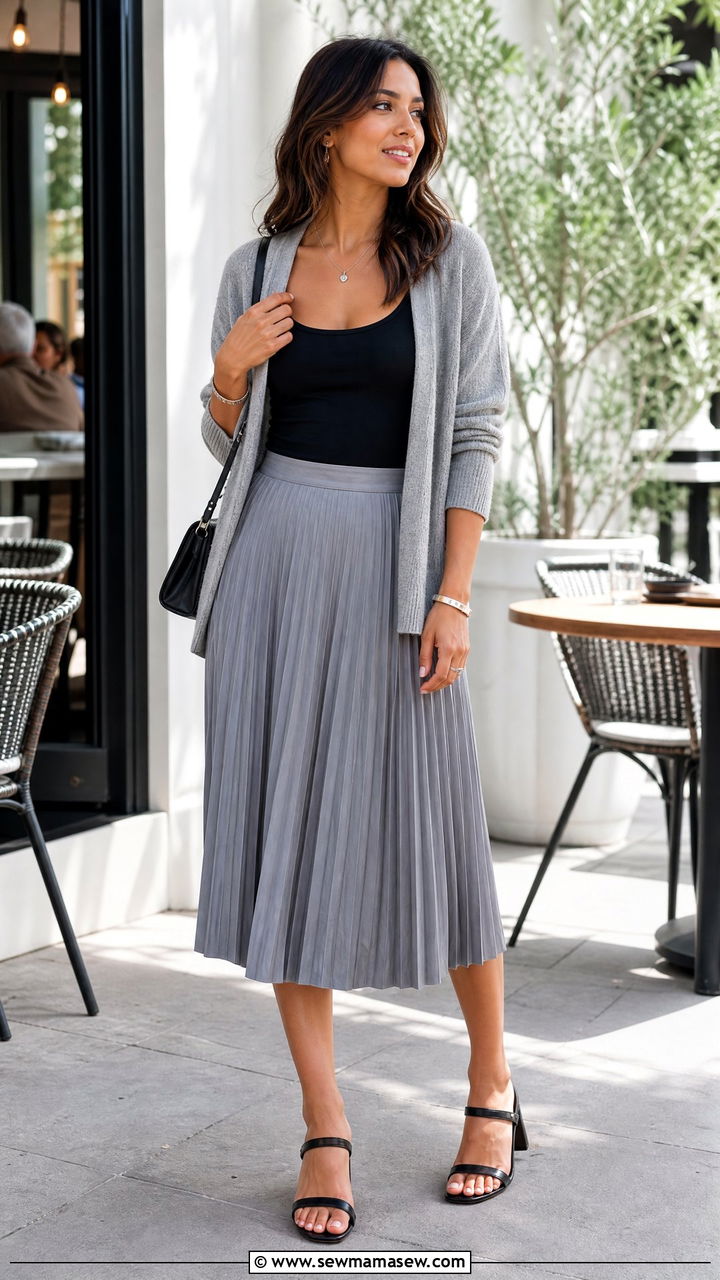 Gray Open Cardigan With Pleated Midi Skirt Spring Outfit - 25 How to style a cardigan in spring