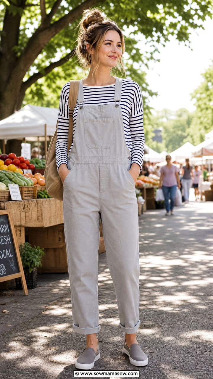 Gray Overalls With a Striped Tee - 30 summer gray outfit ideas