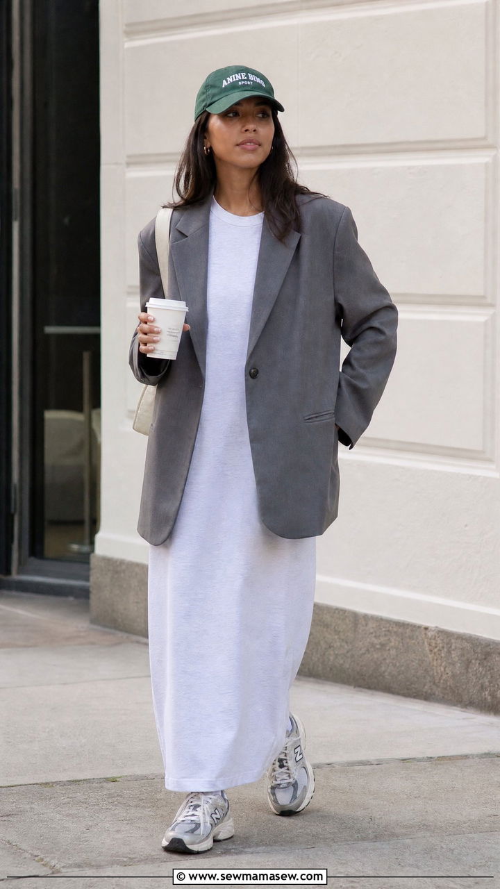 Gray Oversized Blazer With T Shirt Maxi Dress And Chunky Sneakers - 30 Maxi dress outfit ideas with a blazer