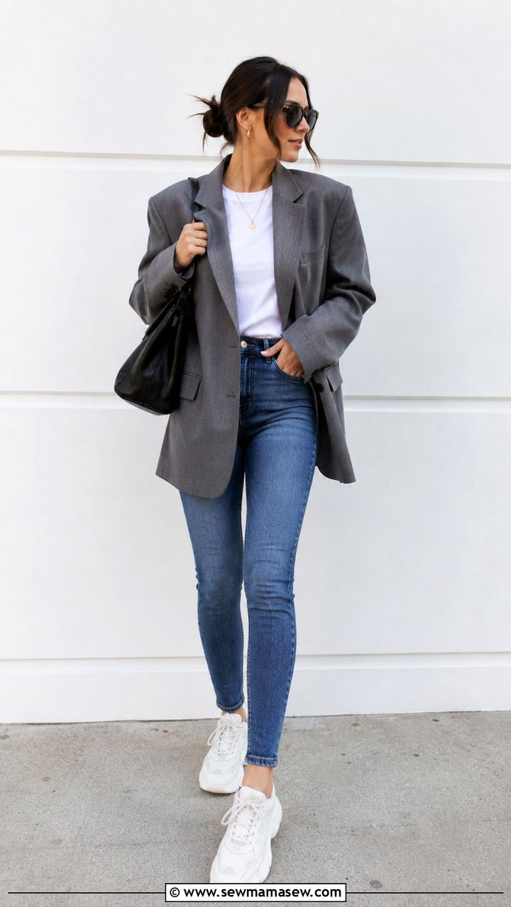 Gray Oversized Blazer with Blue Skinny Jeans - 30 Skinny jeans outfit ideas with a blazer