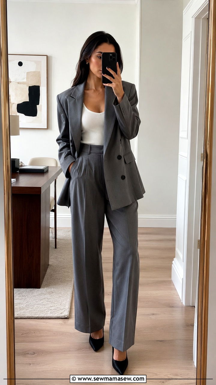 Gray Oversized Blazer with Ribbed Tank and Pleated Trousers - 20 Old money outfit ideas Gwyneth Paltrow