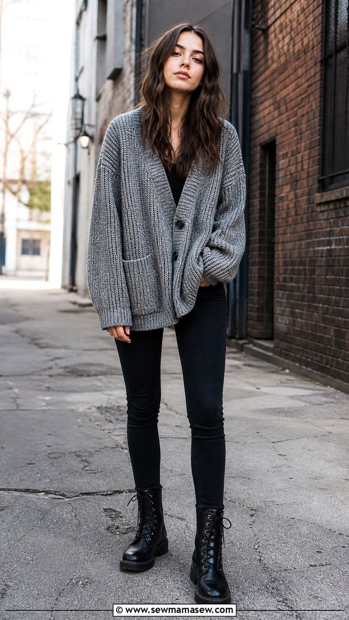 Gray Oversized Cardigan with Black Jeans and Combat Boots - 40 casual cardigan outfits