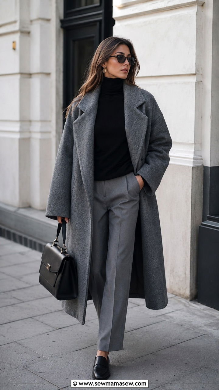 Gray Oversized Coat With a Turtleneck and Straight Leg Trousers - 30 classy Pinterest outfits