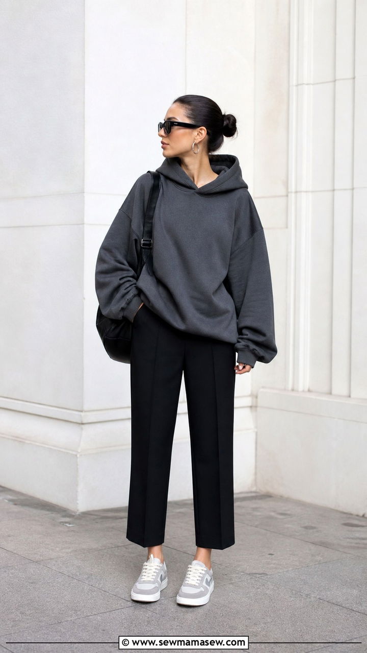 Gray Oversized Hoodie and Tailored Trousers - 40 Minimalist outfit ideas