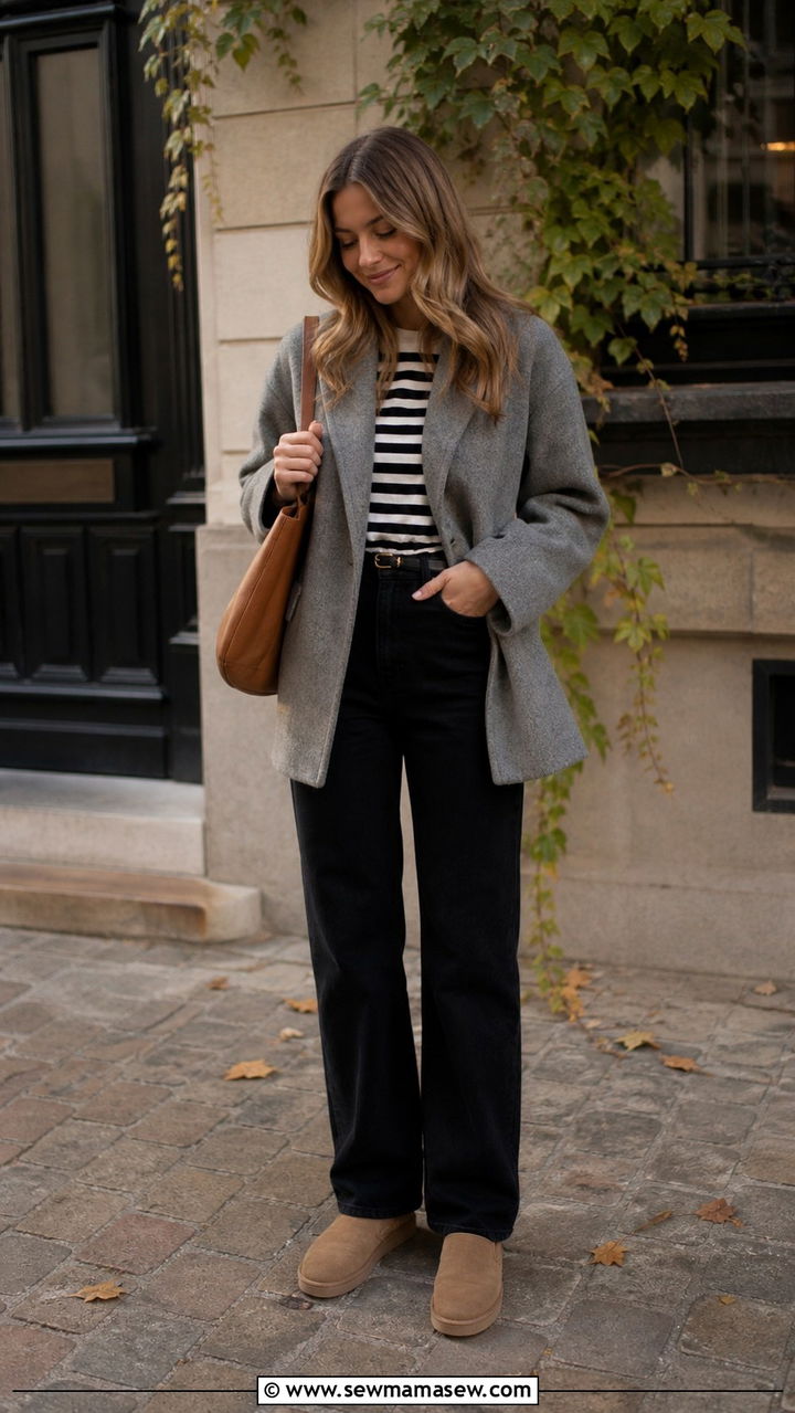 Gray Oversized Jacket With Black Jeans and a Striped Top - 40 casual black jeans outfits