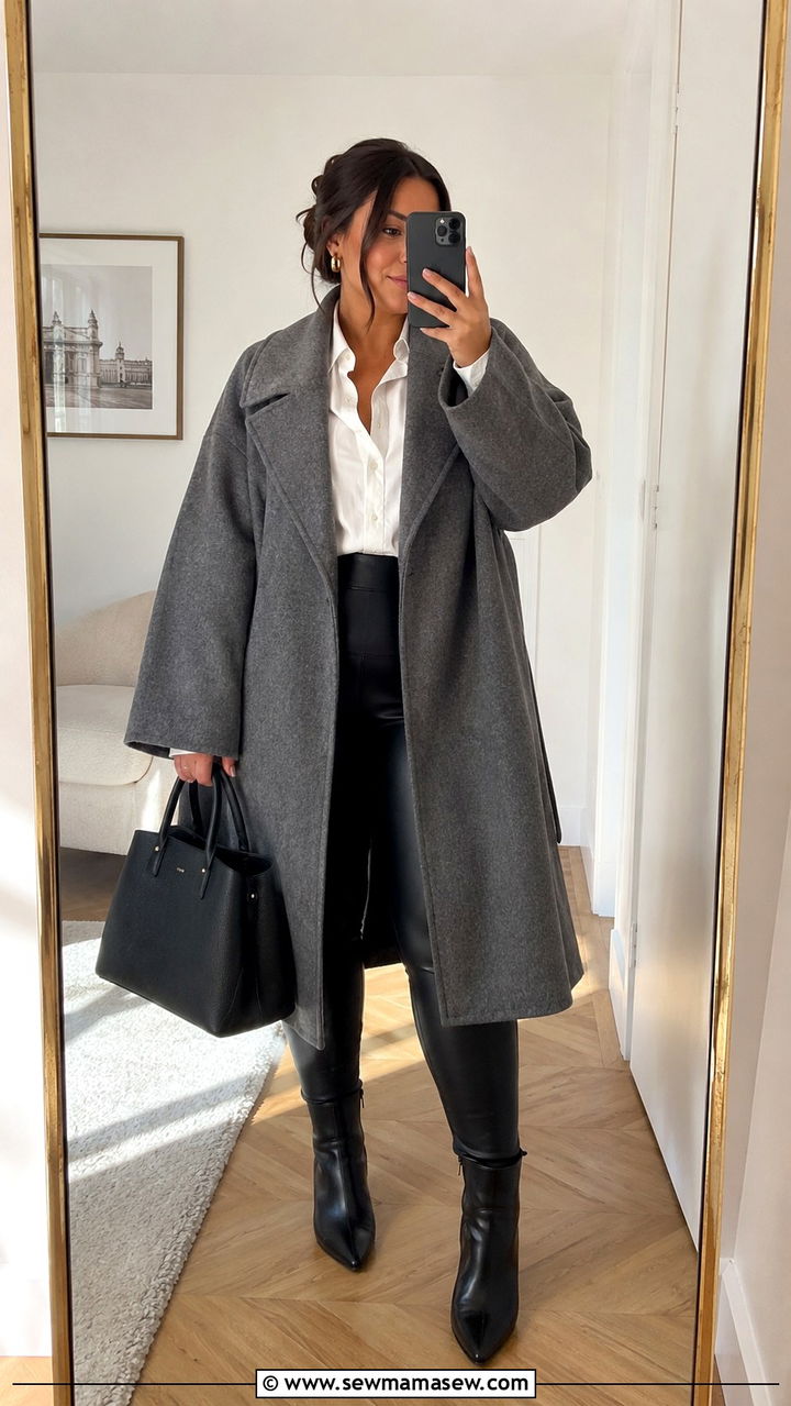 Gray Oversized Wool Coat with Black Leather Leggings - 25 Plus size outfit ideas Parisian