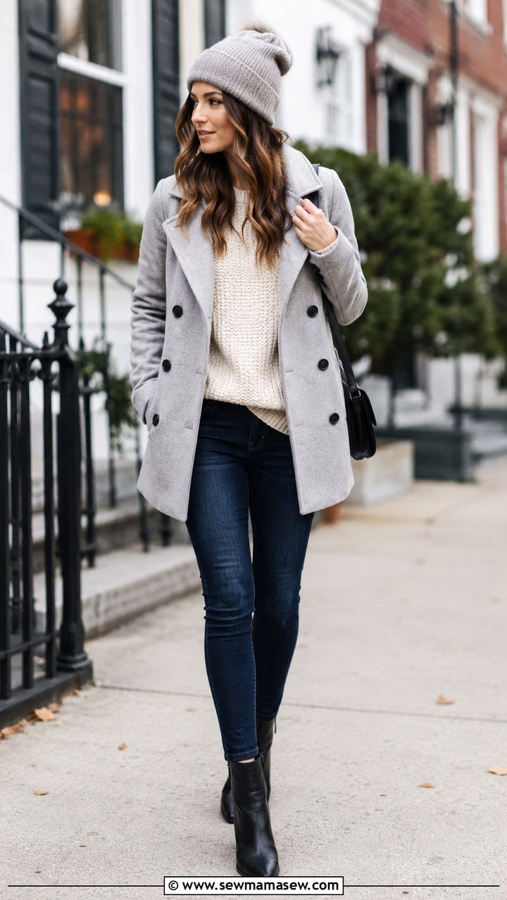 Gray Pea Coat with Chunky Knit and Dark Denim - 30 How to style a pea coat