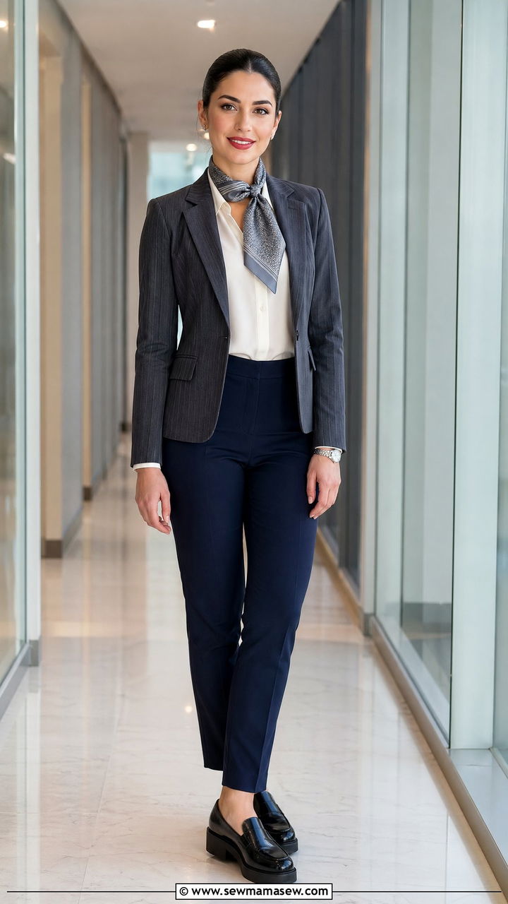 Gray Pinstripe Blazer and Navy Slacks - 35 Flight attendant outfit ideas