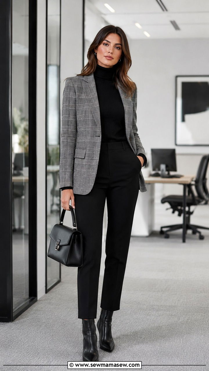 Gray Plaid Blazer Black Turtleneck Outfit - 30 classy blazer outfits