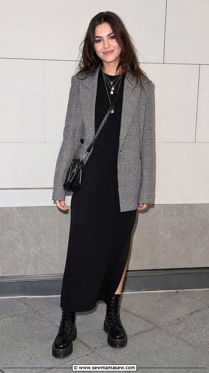 Gray Plaid Blazer With Black Maxi Dress And Combat Boots - 30 Maxi dress outfit ideas with a blazer