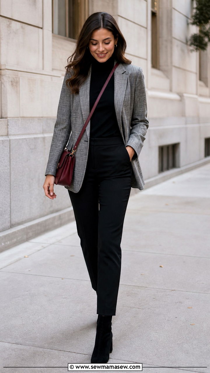 Gray Plaid Blazer With Black Turtleneck And Slim Pants - 40 work outfits