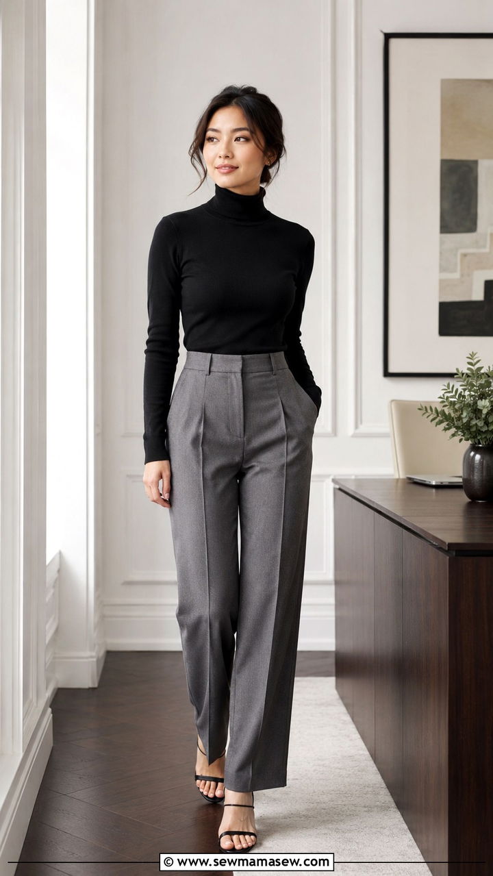Gray Pleated Dress Pants With a Black Turtleneck - 25 Petite work outfit ideas with pants