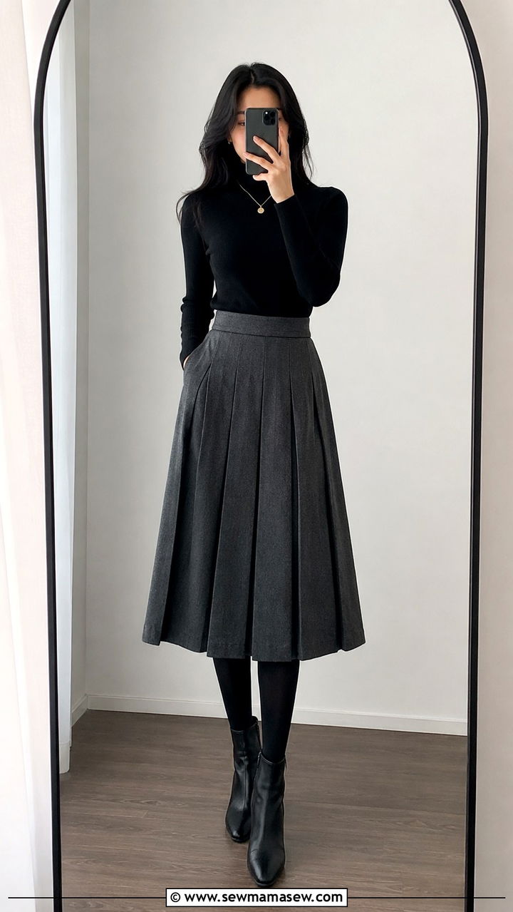 Gray Pleated Skirt With Black Fitted Turtleneck - 30 Pleated skirt outfit ideas for work
