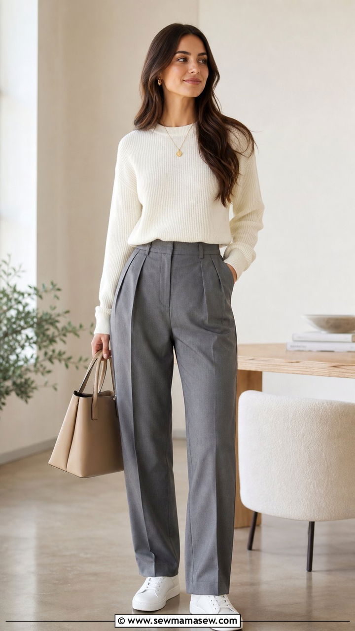 Gray Pleated Trousers With Cream Knit Sweater Outfit - 25 Clean girl work outfit ideas