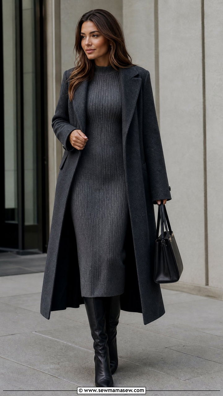Gray Pull On Knit Dress With Knee High Boots - 30 Marketer outfit ideas