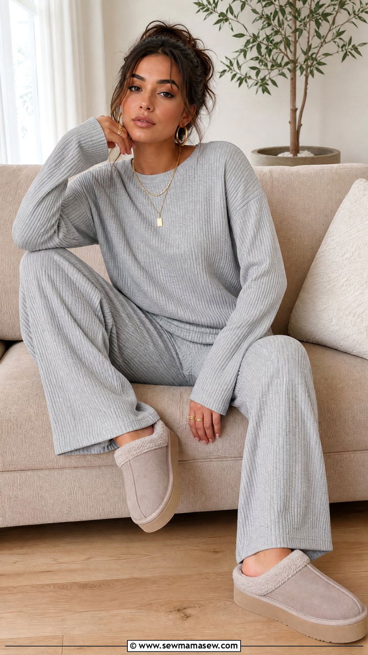 Gray Ribbed Knit Lounge Set With Platform Slippers and Gold Jewelry - 25 Gray loungewear set outfit ideas