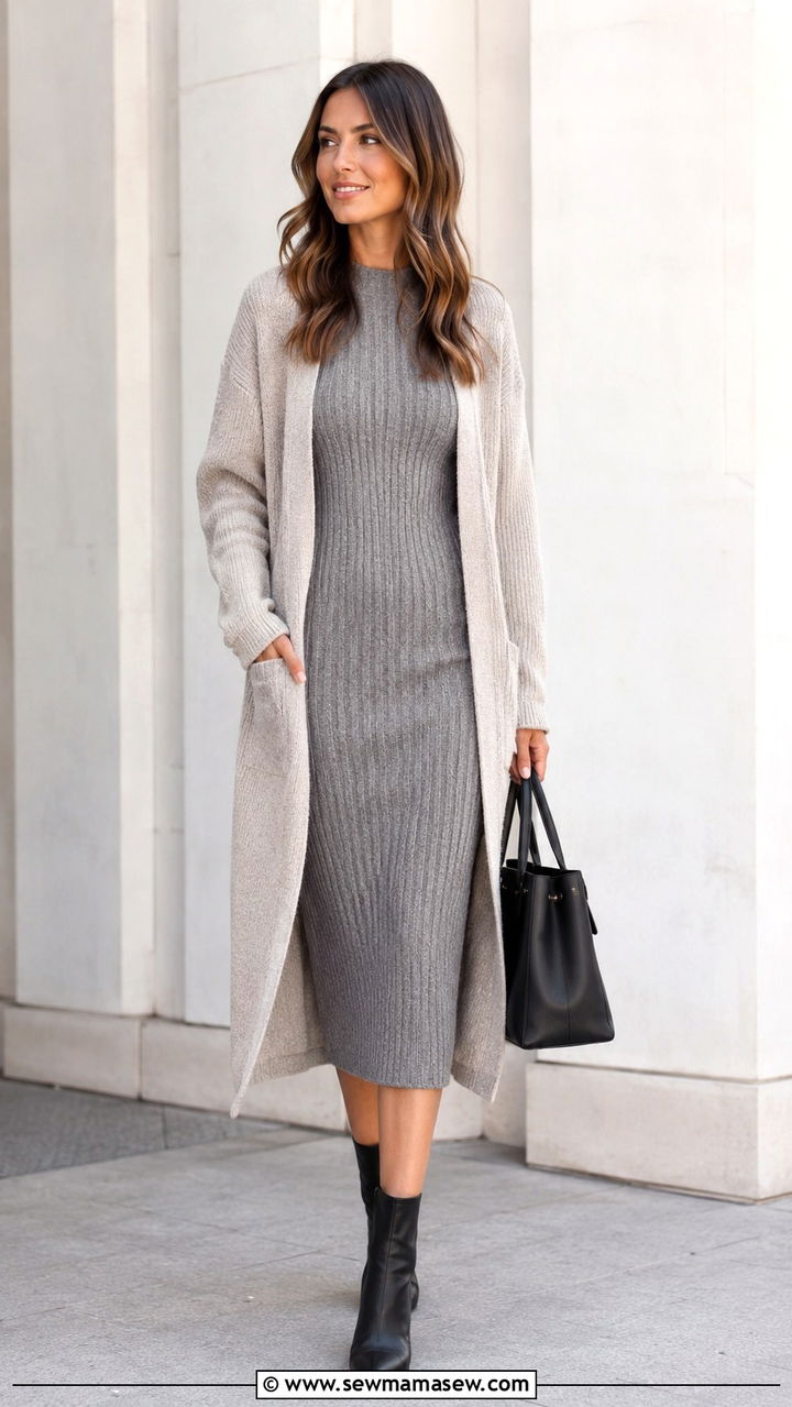 Gray Ribbed Knit Midi Dress With Long Cardigan and Ankle Boots - 30 Midi dress for work outfit ideas