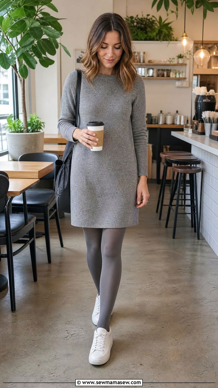 Gray Shift Dress With Matching Gray Tights And Sneakers - 25 Shift dress outfit ideas with tights
