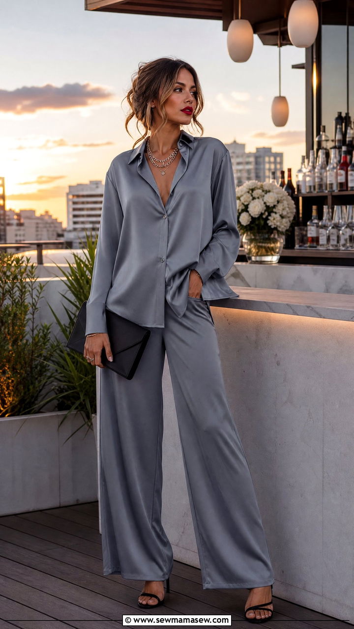 Gray Silky Lounge Set With Strappy Heels and a Clutch - 25 Gray loungewear set outfit ideas