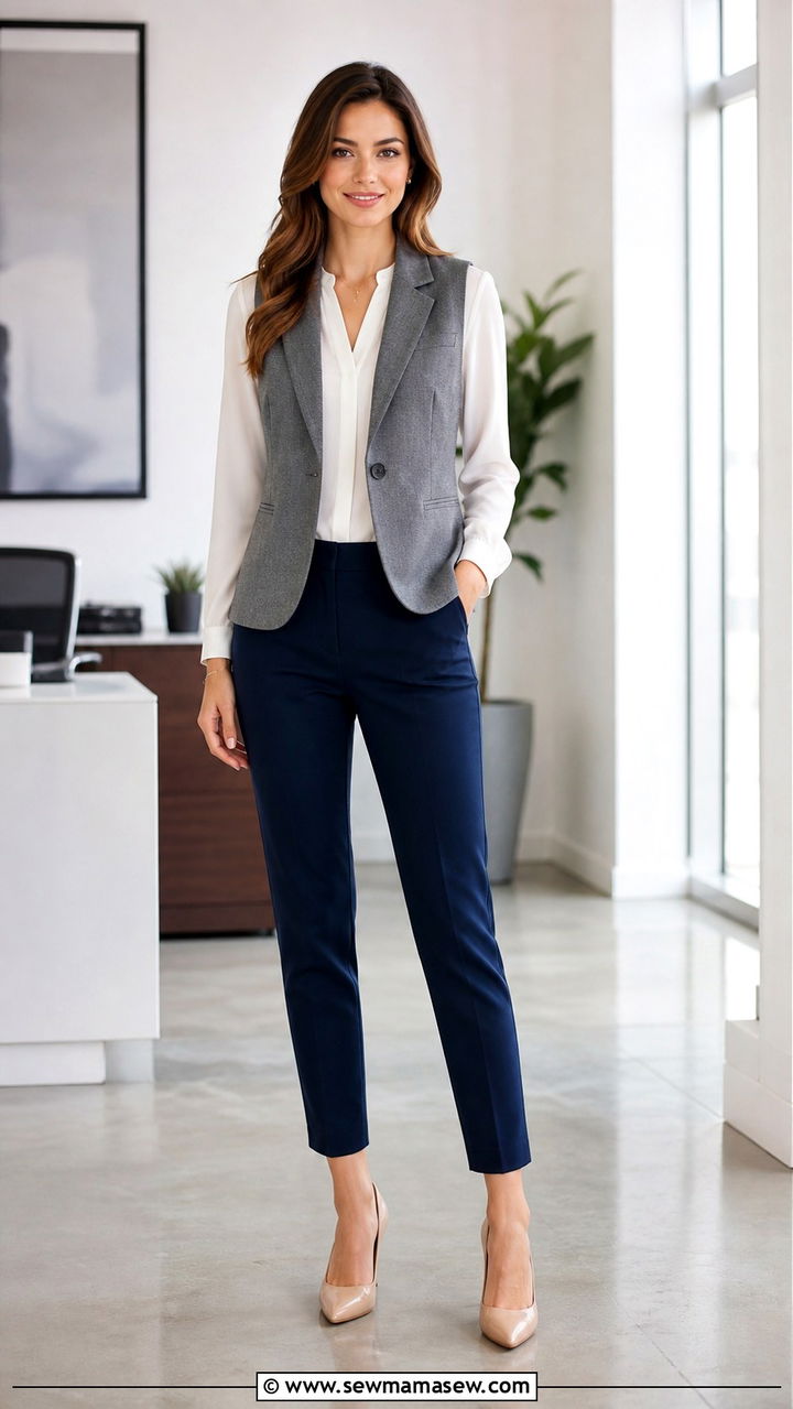 Gray Sleeveless Vest with White Blouse and Navy Trousers - 40 classy office outfit ideas
