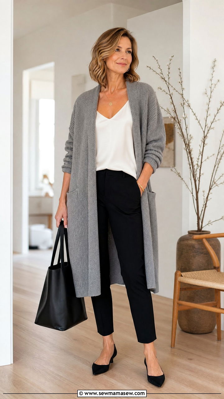 Gray Slouchy Cardigan With White Cami And Black Trousers Women Over 40 - 35 Minimalist outfits for women over 40
