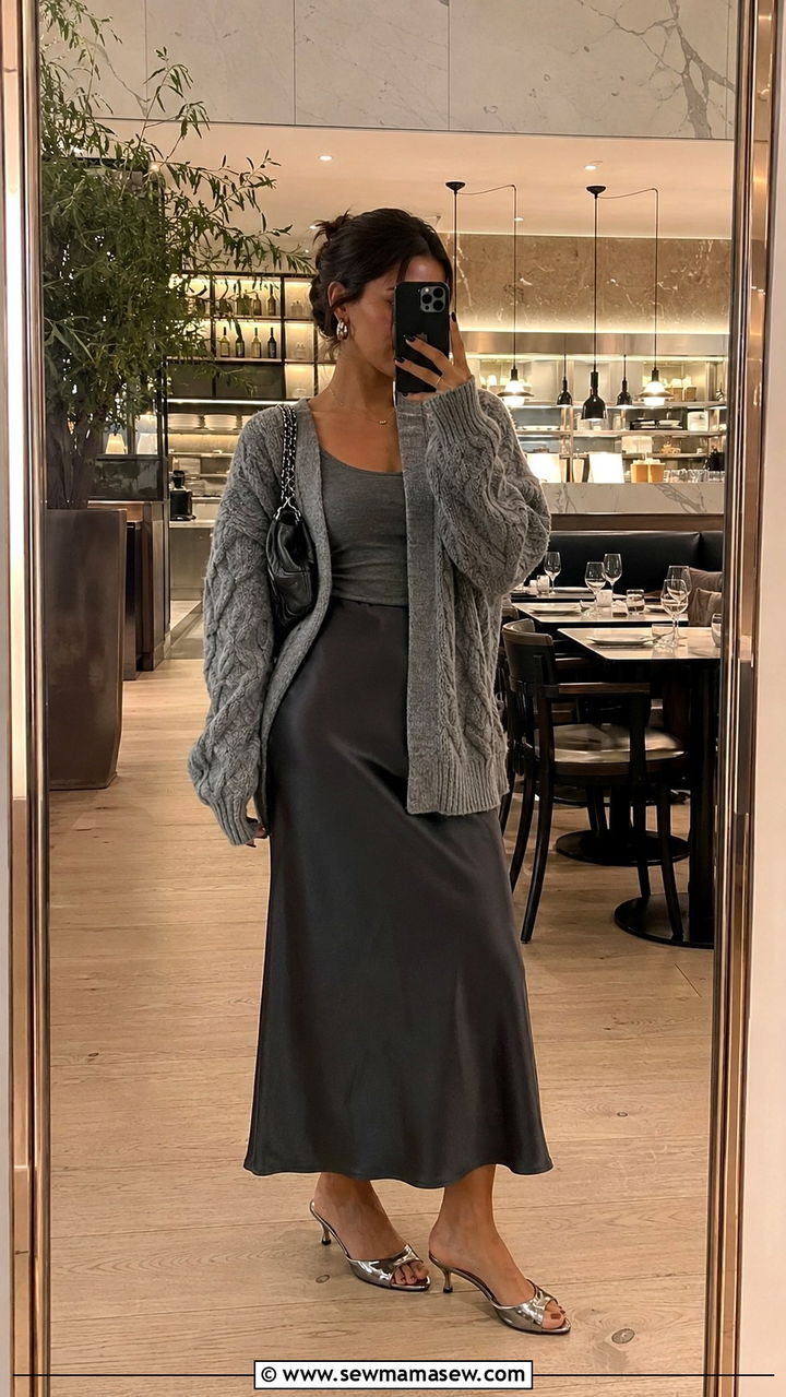 Gray Slouchy Cardigan and Satin Slip Skirt - 30 Monochromatic gray outfits