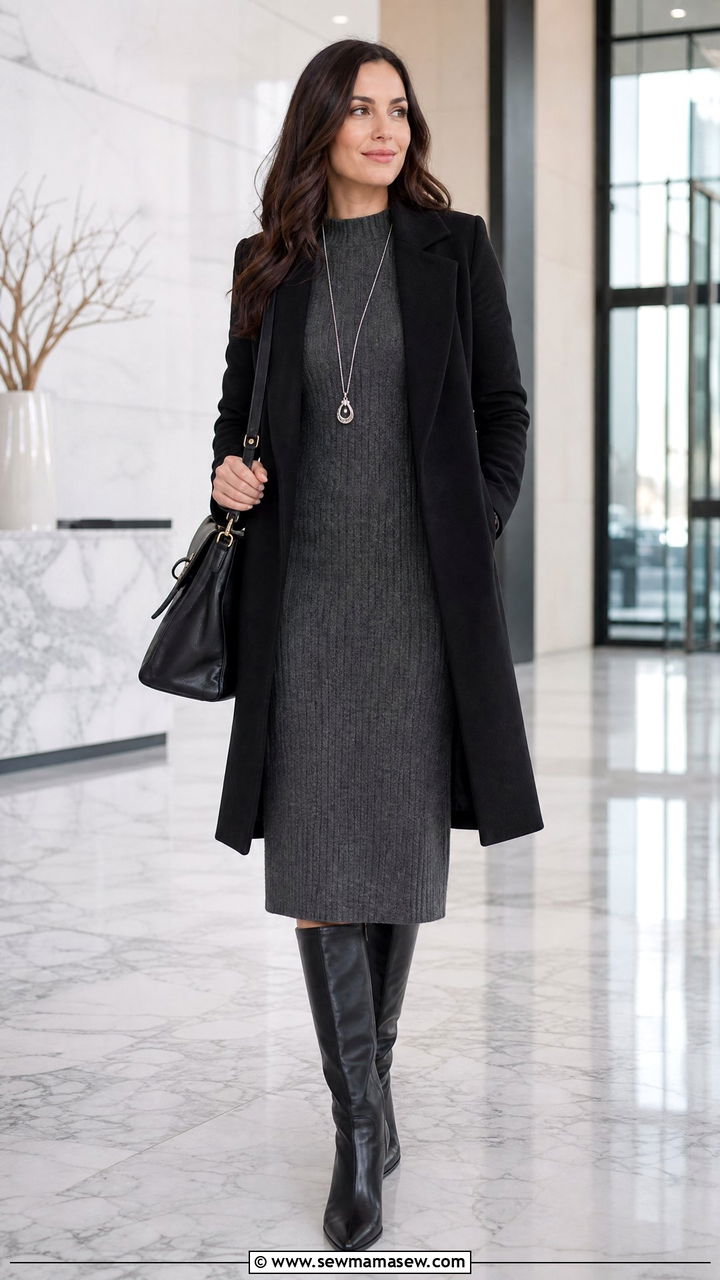 Gray Sweater Midi Dress With Knee High Boots - 25 Business casual outfits with midi dress