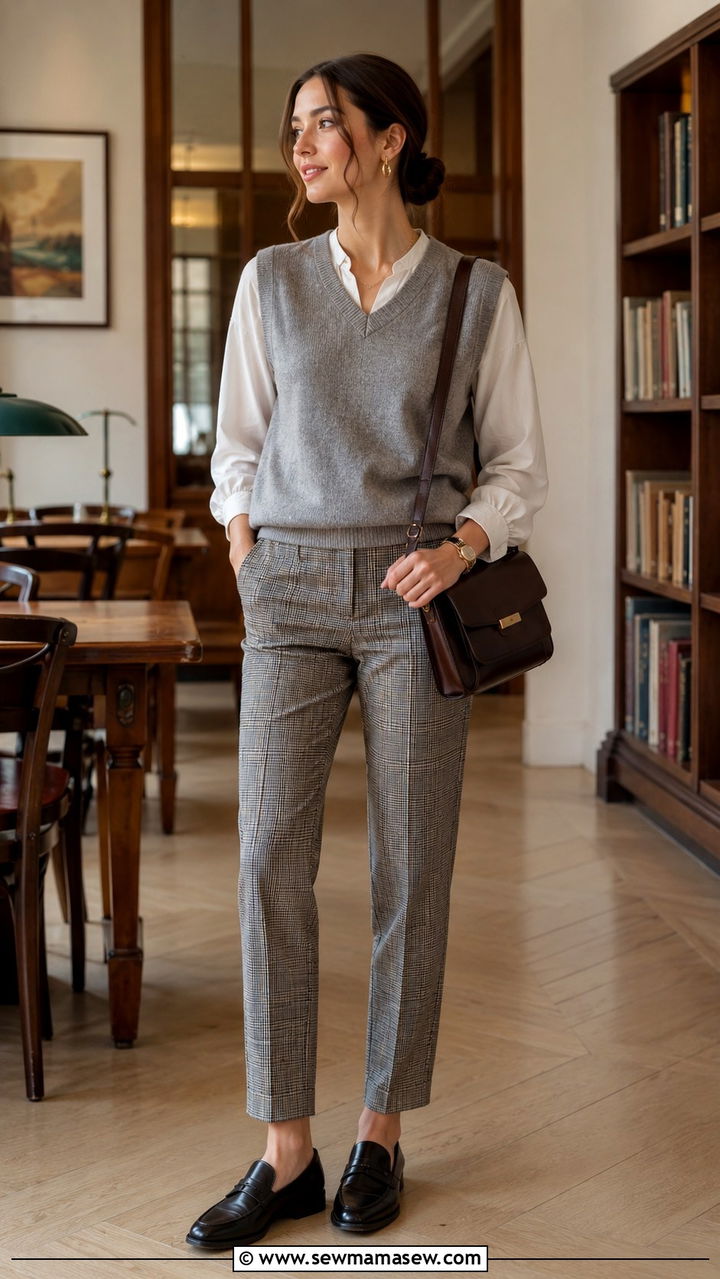 Gray Sweater Vest With Plaid Trousers And Loafers - 30 classy fashion inspo outfits