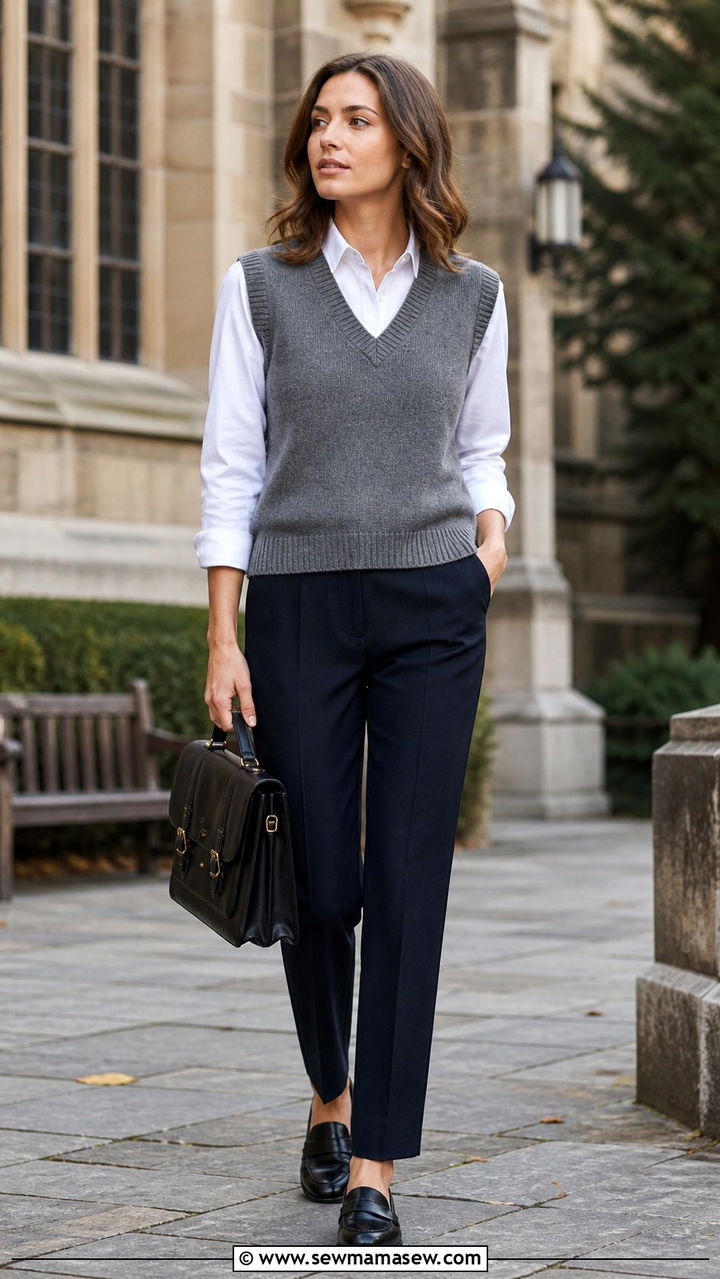 Gray Sweater Vest with White Button Down Shirt - 40 business casual outfits for women