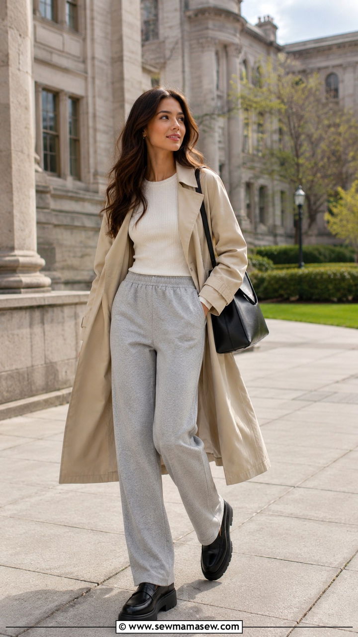 Gray Sweatpants With Trench Coat And Platform Loafers - 30 School outfit ideas with sweatpants