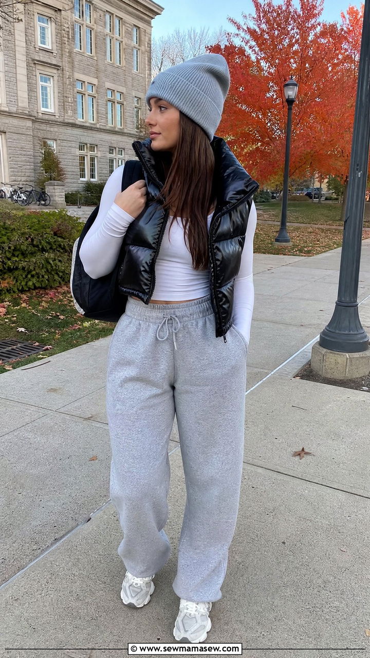 Gray Sweatpants and Cropped Puffer Vest With Chunky Sneakers - 25 Gym outfit ideas school