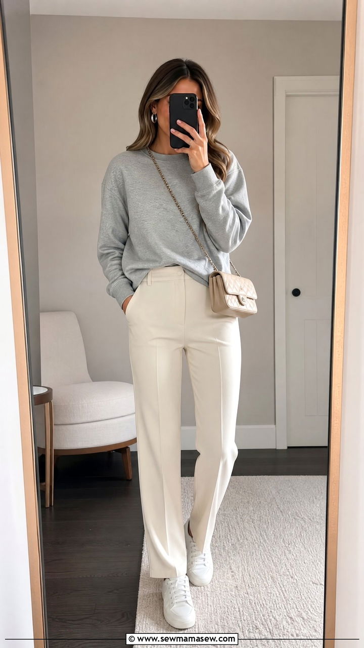 Gray Sweatshirt and Cream Tailored Trousers - 30 minimalist outfit ideas for women