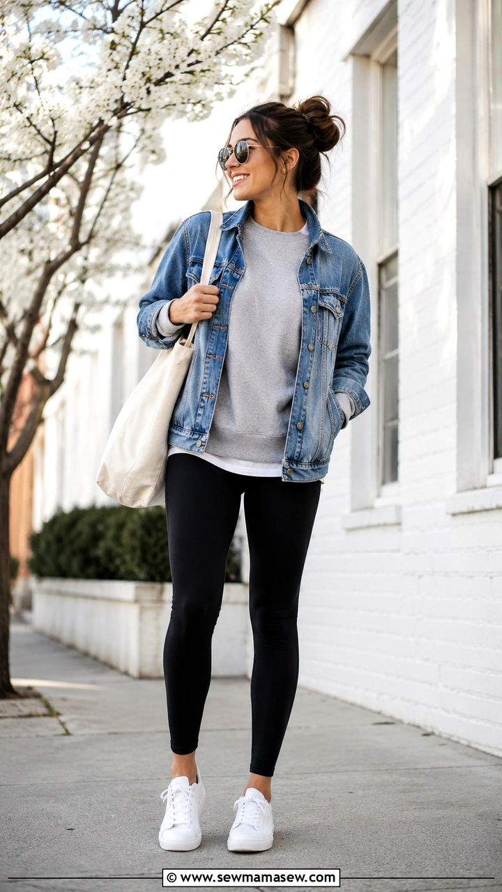 Gray Sweatshirt with Leggings and a Denim Jacket - 30 Sweatshirt and leggings outfit ideas