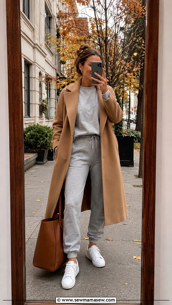 Gray Sweatsuit With Camel Coat - 30 Sweatsuit outfit ideas women
