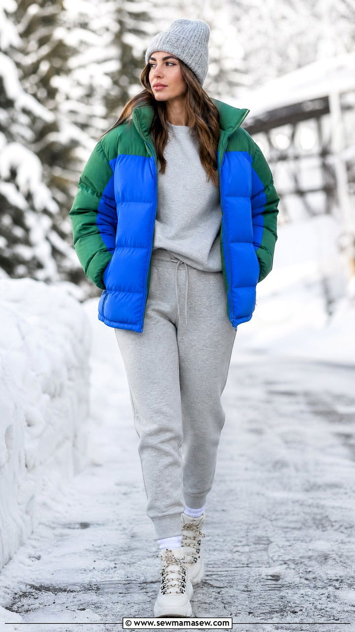 Gray Sweatsuit With a Bold Colorblock Puffer Jacket - 25 Gray loungewear set outfit ideas