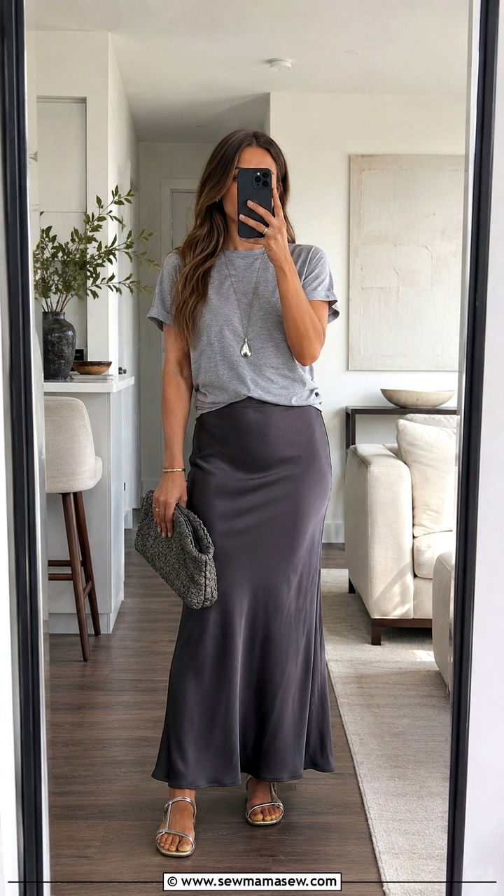 Gray Tee and Satin Maxi Skirt - 30 Monochromatic gray outfits