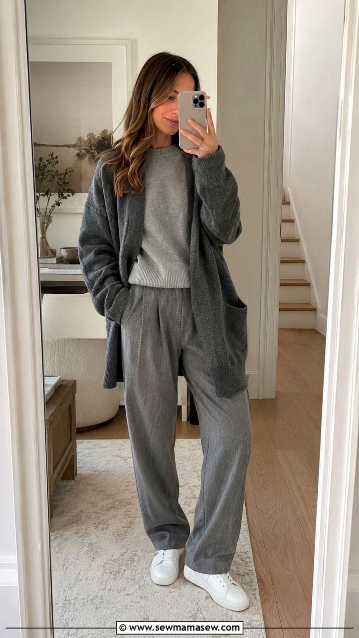 Gray Tonal Outfit with Oversized Cardigan and Pleated Trousers - 20 Quiet luxury outfit ideas for women over 50