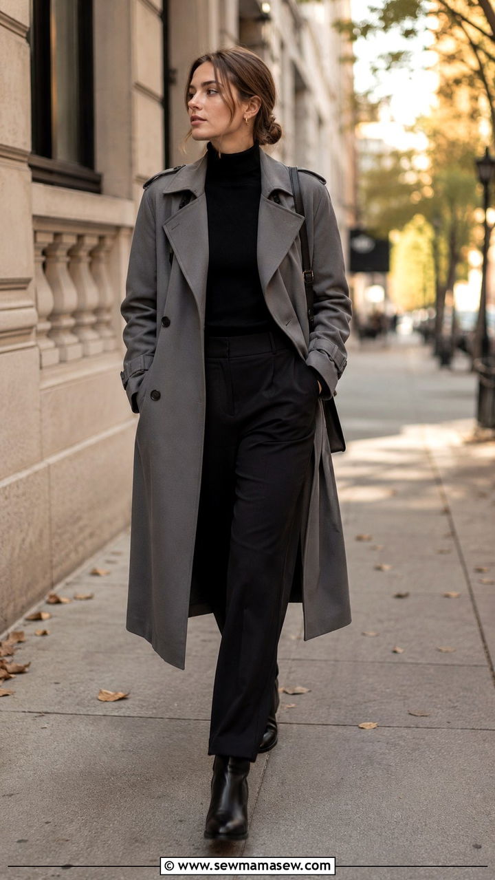 Gray Trench Coat and Black Turtleneck Outfit - 30 Gray outfit ideas