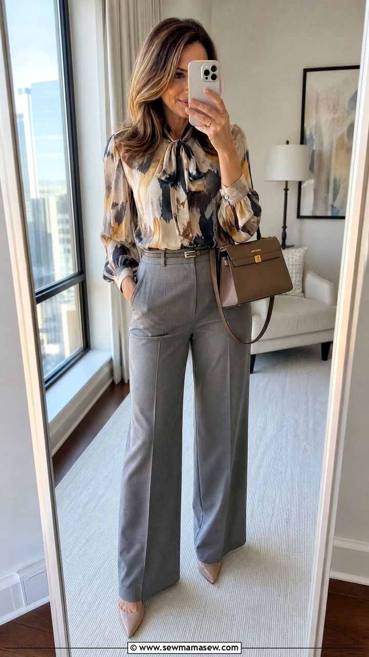 Gray Trousers with a Statement Blouse and Neutral Heels - 25 Keynote speaker outfit ideas
