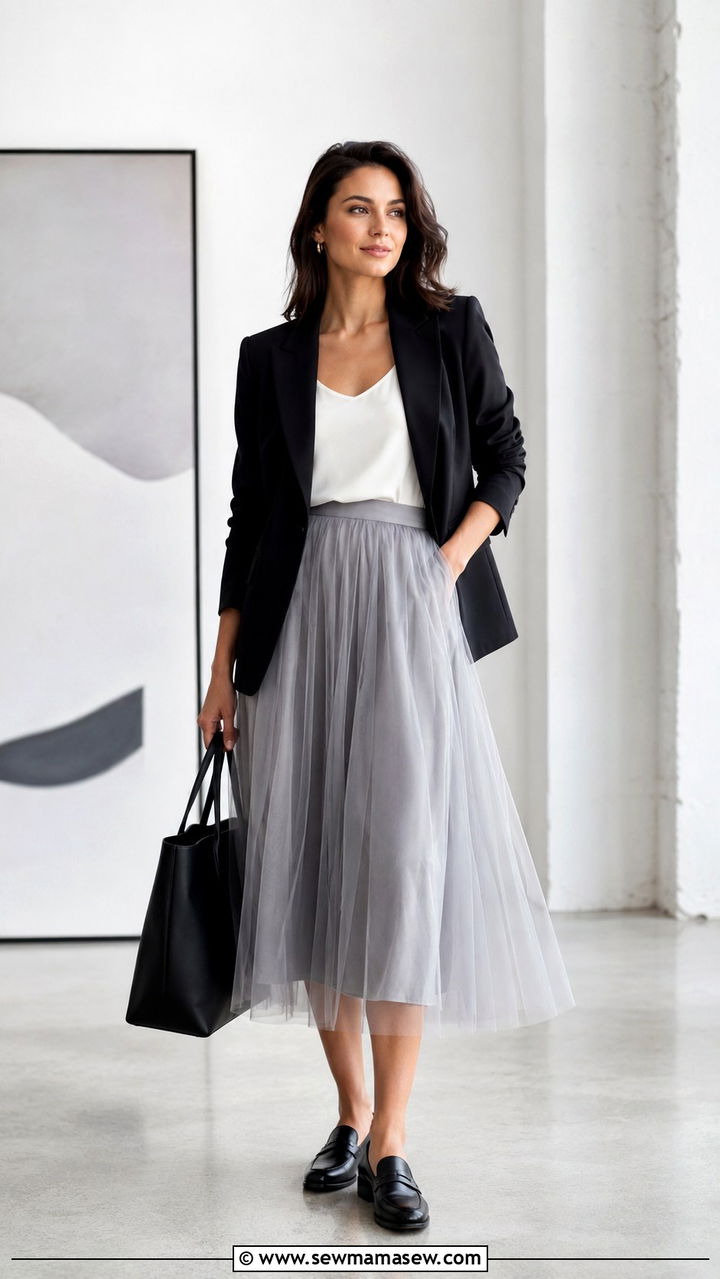 Gray Tulle Midi Skirt With Blazer And Loafers - 30 Tulle skirt outfit ideas for summer