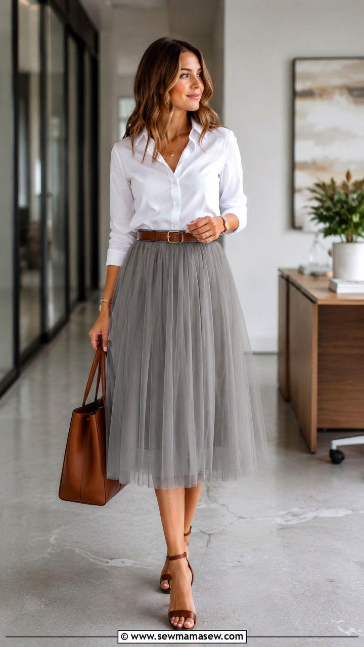 Gray Tulle Midi Skirt With White Poplin Shirt And Strappy Sandals - 30 Tulle skirt outfit ideas for summer