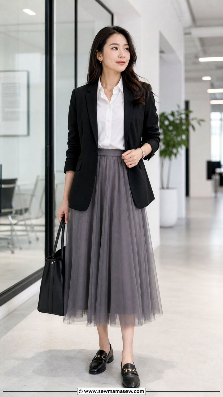 Gray Tulle Midi Skirt with Black Blazer and Button Up - 25 How to style a tulle skirt