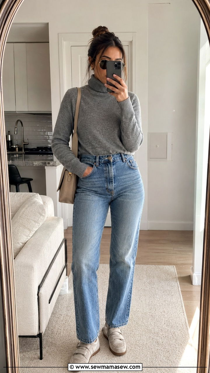Gray Turtleneck Sweater With High Waisted Jeans and Velcro Sneakers - 30 High waisted jeans outfit ideas with a sweater