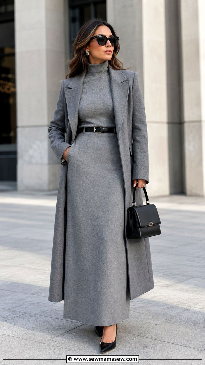 Gray Turtleneck With Tailored Coat And Matching Maxi Skirt - 30 classy fashion inspo outfits