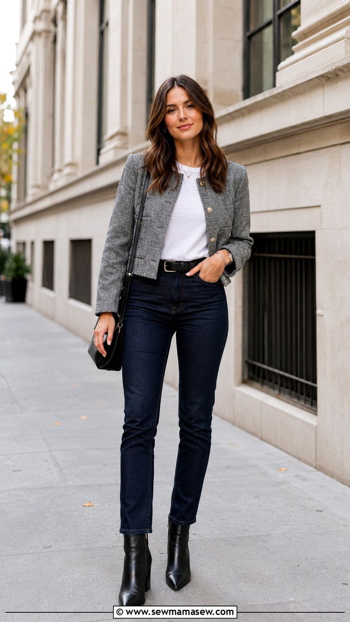 Gray Tweed Jacket with Dark Indigo Jeans - 30 LinkedIn photo outfit ideas